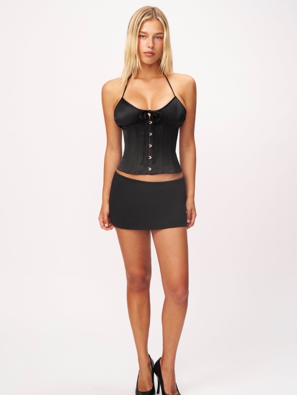 Danielle Guizio Black Satin Corset and Mini Skirt Set